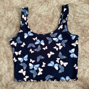 large Papaya lettuce trim navy blue butterfly cropped tank top